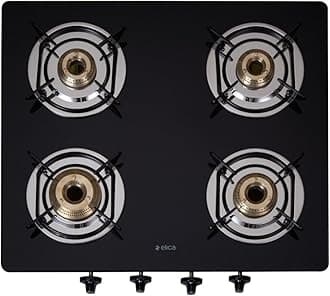 Elica Vetro Glass Top 4 Burner Gas Stove with Double Drip Tray (594 CT DT VETRO 1J), Black