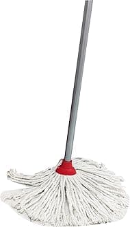 Vileda Classic Cotton Floor Mop With Stick, Super Absorbent, Universal Thread Handle, Cost-Effective, Red & White, 10 x 6 x 153 Cm
