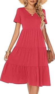 Berydress Women's Casual Summer Tiered Midi Dress 2025 Short Sleeve V-Neck Loose Cotton Ruffle Babydoll Dress Boho Sundress