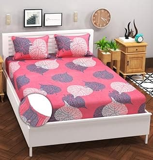 BSB HOME Cotton Feel All Around Elastic Fitted Glace Printed QueenSize Double Bed Bedsheet with 2 Large Pillow Covers Fits Upto Mattress of 8 Inches,Size-60 x 78 + 10 Inches, Light Pink & Grey