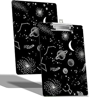 A4 Size Clipboard with Hanging Hook and Low Profile Clip, Plastic Nurse Clipboard Writing Drawing Board with Double-Sided Moon Space Print for Woman Kids Office School Use