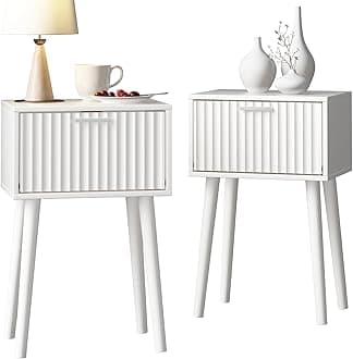 LAATOOREE Nightstands Set of 2, Small Side Table, Bedside Table with Fluted Door, Solid Wood Feet; Modern Mid-Century End Table for Bedroom, Small Space (White)