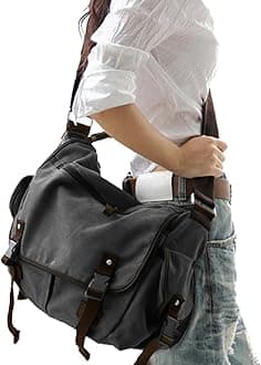 [Upgraded] Vintage Canvas Messenger Bag 13 15.6 17 inches Large Book Laptop Shoulder Bag Women Men New (Black, Large)