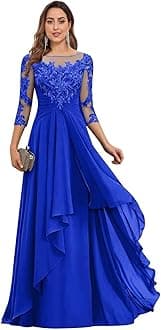 3/4 Sleeves Mother of The Bride Dresses for Wedding Women Chiffon Lace Appliques Ruffle Formal Evening Gowns Ruched