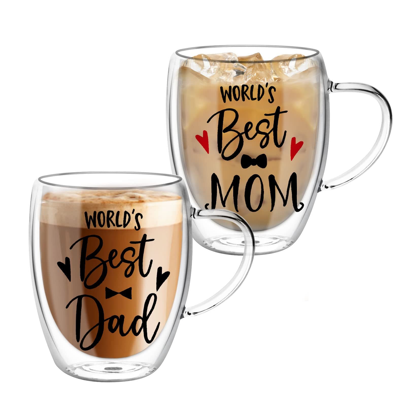 Top-spring 2 Pack Double Walled Coffee Cups for Mom and Dad - 350ml Glass Mugs Set, Glass Tea Cups Gift for Parents, Insulated Latte Glasses with Handles, Heat Resistant Coffee Cup Mum Gifts