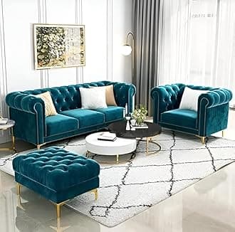 Modern Classic 5 Seater Sofa Couch Fabric & Valvet 3+1+1Foootrest Tufted Chesterfield Sofa Living Room and Office (Teal Green)