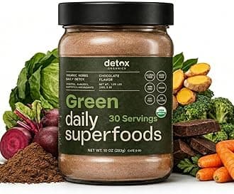 Greens Superfood Powder - Chocolate Flavor to Cleanse & Detox - Smoothie Mix Supplement with Organic Digestive Enzymes, Immune Support, Bloating Relief, Vegan, Low-Carb 30 Servings - by Detox Organics