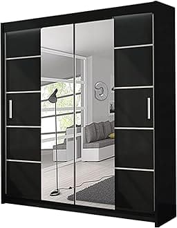 Oslo 180cm Black Sliding Wardrobe with LED Lighting, Mirrored Doors, Adjustable Shelving, Contemporary Design(Black, 180)