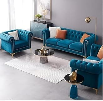 Modern Classic 7 Seater Sofa Couch Fabric & Valvet 3+2+1+1Footrest Tufted Chesterfield Sofa Living Room and Office (Teal Green 2)