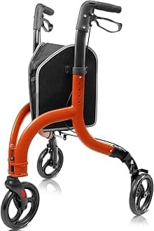 3 Wheel Walkers for Seniors, Ultra Lightweight Foldable Aluminum Rollator Walker for Elderly, Height Adjustable Three Wheel Walking Aid with Storage Bag, Orange