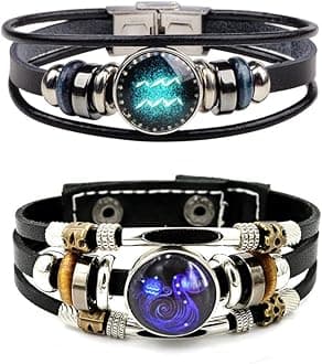 2Pcs Multilayer Constellation Zodiac Leather Bracelet for Women Men Handmade Woven Zodiac Sign Wrap Wristband Bracelet Couple BFF Birthday Jewelry