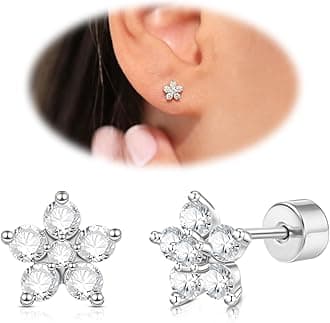 Cartilage Screw Back Earrings for Women, Flat Back Earrings Sterling Silver Hypoallergenic Earrings for Girls Conch Helix Piercing Jewelry Crawler Butterfly Flower Stud Earrings