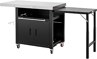 Grill Table,Outdoor Kitchen with Cabinet Outdoor Grill Table with 2 Foldable Side Tables Stainless Steel Top for Outdoor Kitchen Cabinets, Bar Cart, Movable Grill Cart with Pull-Out Plate, L74”x W24”