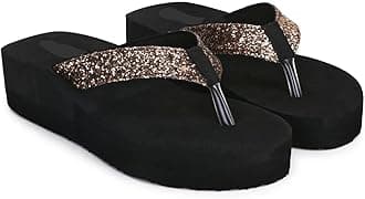 Women's Platform Flip Flops with Glitter Straps, Black, Wedge Thong Sandals Slipper