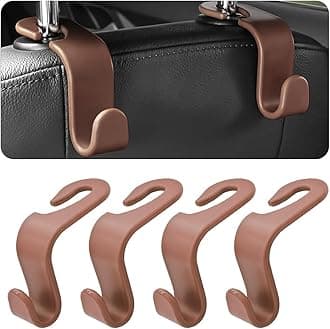 4PCS Car Back Seat Headrest Hooks, Rear Car Seat Storage Headrest Hanger Holder Hooks Organizer, Universal Auto Interior Accessories for Bag Purse Handbag Cloth Coats Grocery (Brown)