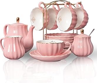 Porcelain Tea Sets British Royal Series, 8 OZ Cups& Saucer Service for 6, with Teapot Sugar Bowl Cream Pitcher Teaspoons and tea strainer for Tea/Coffee, The for Thanksgiving