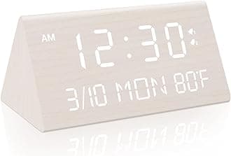 Kogonee Wooden Digital Alarm Clock, 0-100% Dimmer, 2 Alarm Settings, Weekday /Everyday Mode, 9 Mins Snooze, 12/24H, Temperature and Date Display for Office, Travel, Bedroom Alarm Clock (White)
