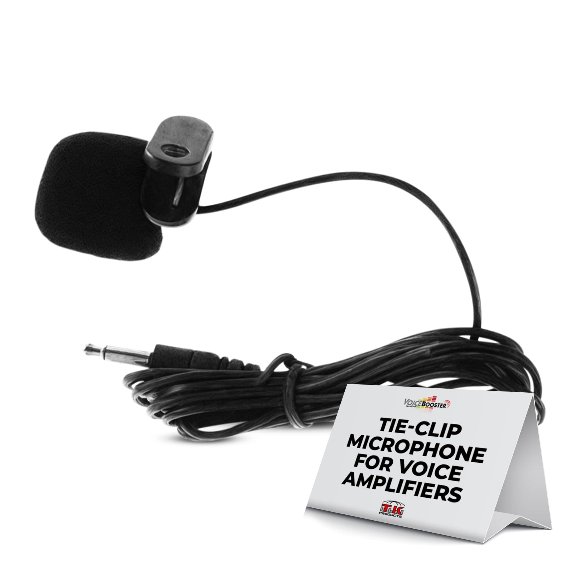 Tie-Clip Microphone – Clip-On Mic with 3.5mm Plug for VoiceBooster & Aker Voice Amplifiers – Adjustable Boom, Noise-Reducing Foam Tip – Ideal for Teachers, Guides, Presenters