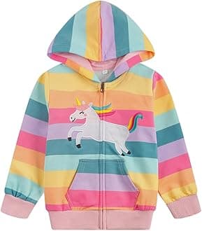 RETSUGOGirls Zip Up Hoodie Jacket Toddler Unicorn Rainbow Sweatshirt Kids Hooded Coat Casual Outerwear Size 2-7 Years
