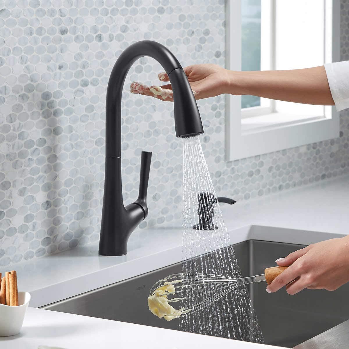 Kohler Malleco Touchless Pull-down Kitchen Faucet with Soap Dispenser-Black