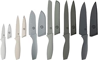 Kitchen Knife Set with Covers, 6 Professional Chef Knives for Home Kitchens, Extra Sharp Cutting Stainless Steel Blades & Protective Sheaths, Soft-Touch Easy-Grip Handles, Earth Greys