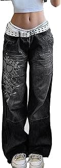 Women's Low Rise Heart Pattern Baggy Jeans Washed Wide Leg Denim Cargo Pants