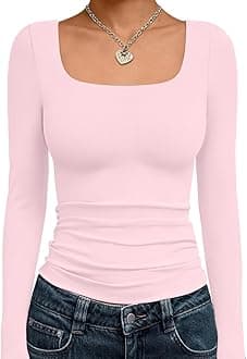 Womens Square Neck Long Sleeve Shirts Double Lined Slim Fit Tops Y2K Going Out Basic Tees