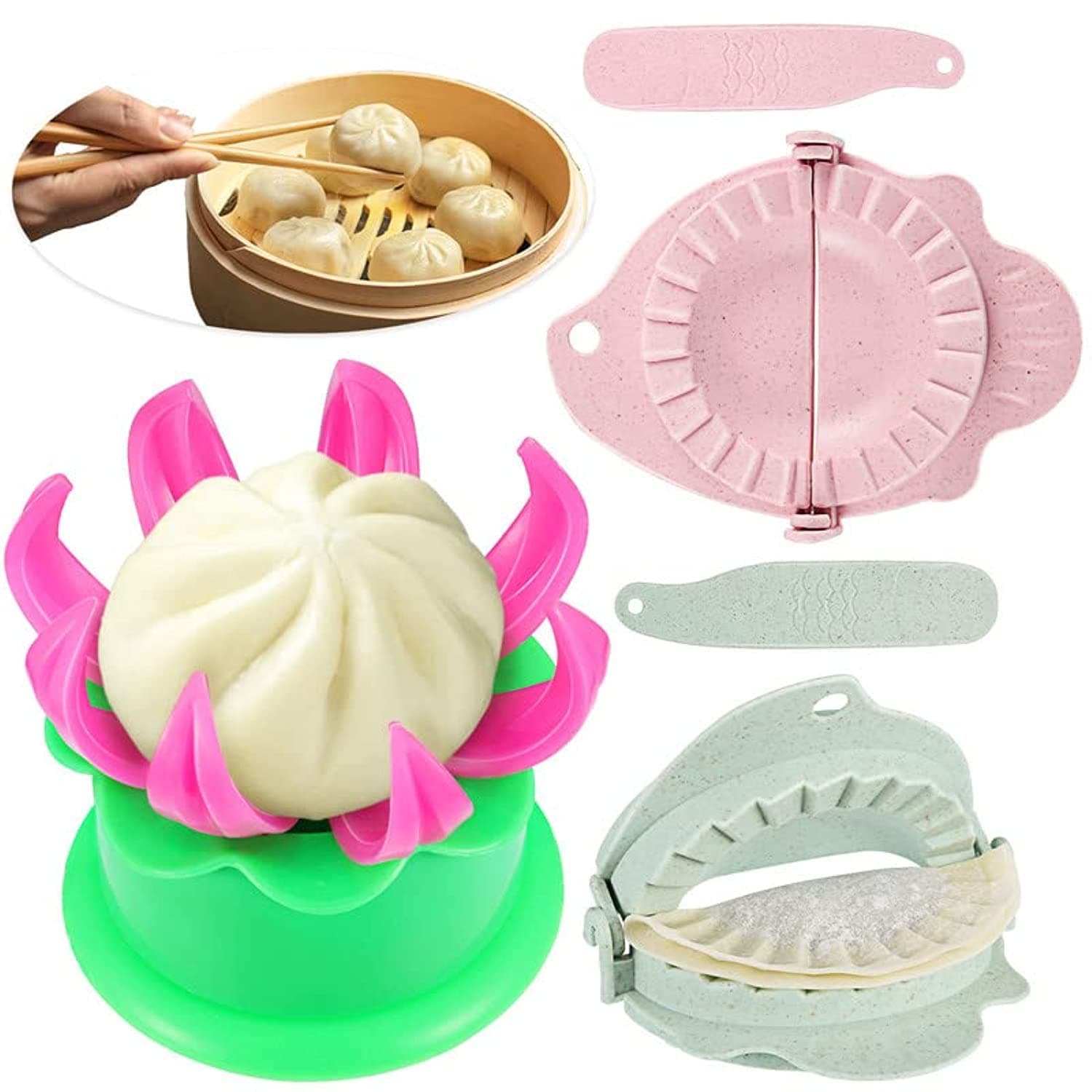 5 Pieces Bun Maker Dumpling Maker Steam Filled Plastic Mold and Filling Spoon Cooking Tool Set for Adults Press Steamed Stuffed Mould Make Delicious Bun and Dumplings(Green, Pink)