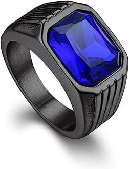 Gemstone Signet Rings for Men, Stainless Steel Fancy Cut Cubic Zirconia Rings Blue Topaz/Emerald/Black Onyx/Ruby Ring Statement Ring Wedding Ring Size 7-14