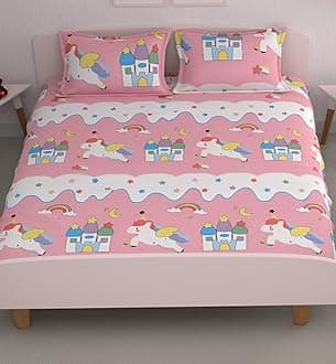 DECOMIZER Glace Cotton Wrinkle Free Soft Hypoallergenic Bed Sheet | Cartoon Printed Double Bedsheets King Size for Kids with 2 Pillow Cover (90x95 Inches/Pink Unicorn) 300 TC