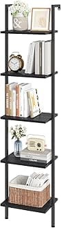 Ladder Shelf, 5-Tier Wood Wall Mounted Bookshelf with Metal Frame, Vintage Open Display Organizer Rack, Leaning Storage Shelves for Living Room, Bedroom, Home Office, Black