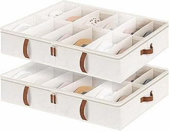 StorageWorks Under Bed Shoe Storage Organiser, Underbed Shoes Container with Adjustable Dividers Fits up to 24 Pairs, Underbed Shoe Storage Boxes with Cover, Space-Saving Shoe Box, Beige, 2-Pack