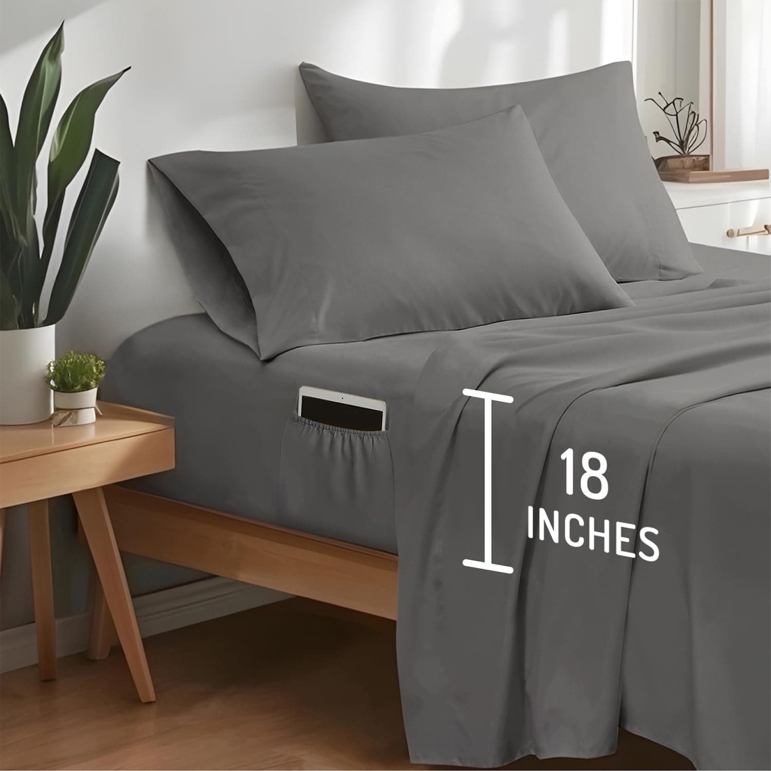 DOC Extra Deep Pocket Queen Size Cooling Sheet Set – 4 Pieces Bedsheets with CoolMax Moisture Wicking, Ultra-Soft & Breathable, Fits Mattresses up to 18 Inches Deep, Wrinkle-Resistant, Dark Grey