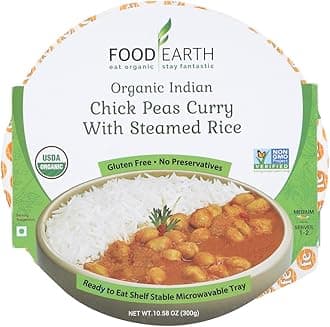 Food Earth -ORGANIC Ready to Eat Indian Meals (6-Pack) -Organic Indian Chick Peas Curry with Steamed Rice – 10.58oz Microwavable Tray, Non-GMO, Dairy Free, Gluten Free & Vegetarian Meal in 90 Seconds!