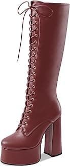 Women's High Chunky Heel Platform Knee High Boots Fashion Leather Lace Up Heeled Long Boots Wide Calf