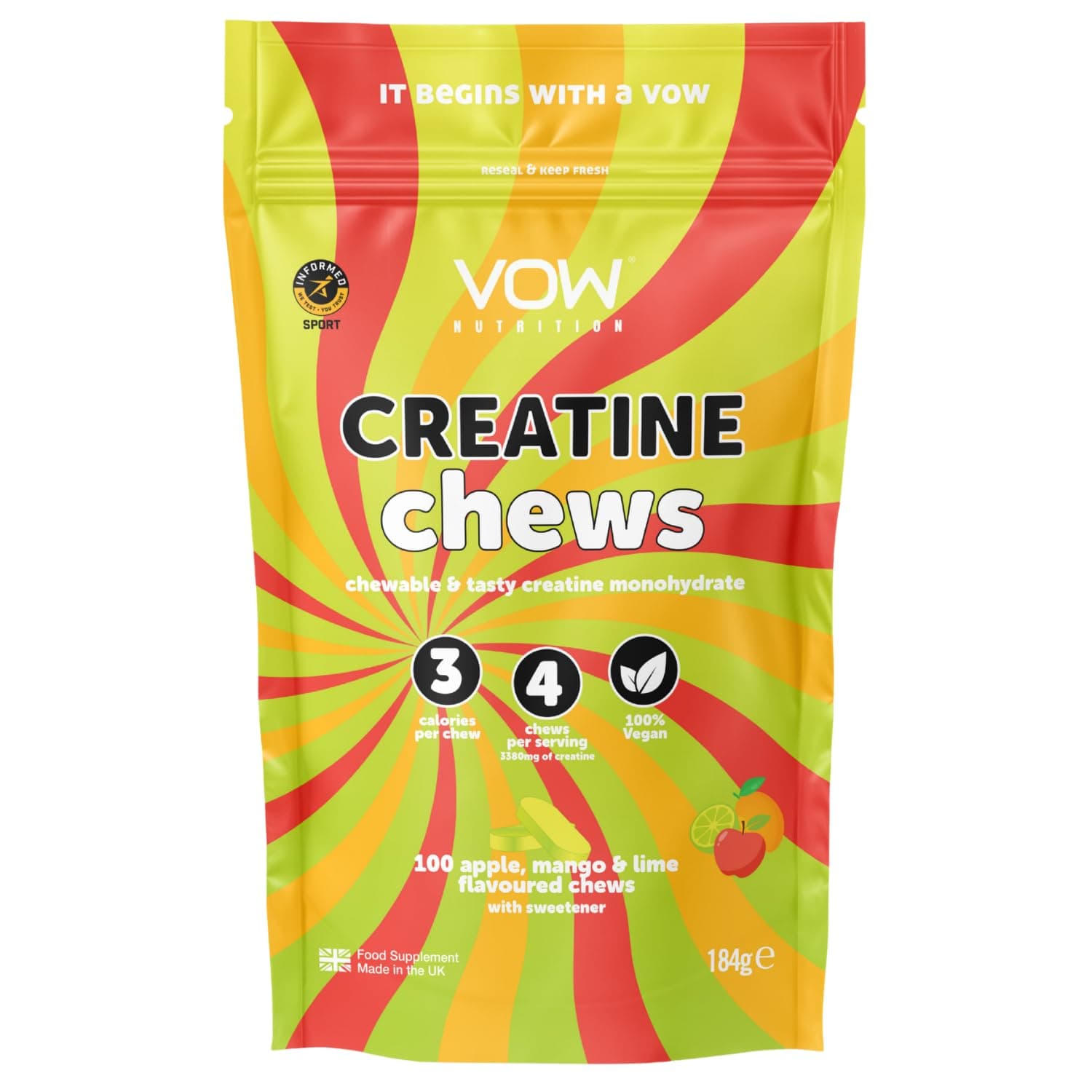 Creatine Monohydrate Chews,100 Apple, Mango & Lime Flavoured Chews, Convinient & Tasty, Informed Sports Approved