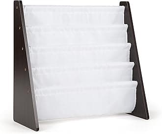 Humble Crew 4-Tier Kids Bookshelf, Espresso Wood/White - Premium Book Shelf for Kids Rooms with Four Deep Pockets - Toddler Sling Book Rack with Deep Sleeves, Nursery Bookcase Organizer