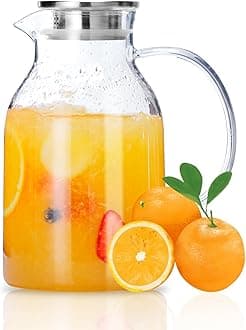 Glass Pitcher, Glass Water Pitcher with Tight Stainless Steel Lid, 68 Ounces, Heat Resistant Borosilicate Glass Carafe, Long Handle Cleaning Brush and Mixing Spoon, Durable and Temperature Safe