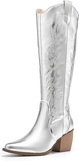 DREAM PAIRS Womens Cowboy Boots Wide Calf Comfortable Pull On Zipper Chunky Heel Pointed Toe Embroidered Western Cowgirl Knee High Boots Ladies Retro Tall Boot