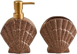 Nestasia Beach Shell Ceramic Bath Set of 2 - Cream Beige Soap Dispenser & Toothbrush Holder | Coastal Bathroom Accessories, Brown