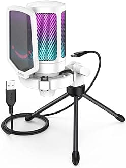 FIFINE AmpliGame A6V USB Microphone, PC Gaming Recording Desktop Laptop Mic, RGB Streaming Podcasting Condenser Mic for Online Game, Vocal, with Mute Button, Gain Knob, Tripod Stand- White