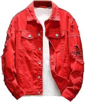 RexcyrilMen's Distressed Denim Jacket Casual Ripped Holes Button Down Trucker Jacket Jean Coat