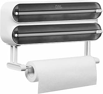 Magnetic Plastic Wrap Dispenser with Cutter, 3 in 1 Aluminum Foil and Plastic Wrap Organizer with Paper Towel Holder, Compatible with Cling Film, Tin Foil and Wax Paper (Black)