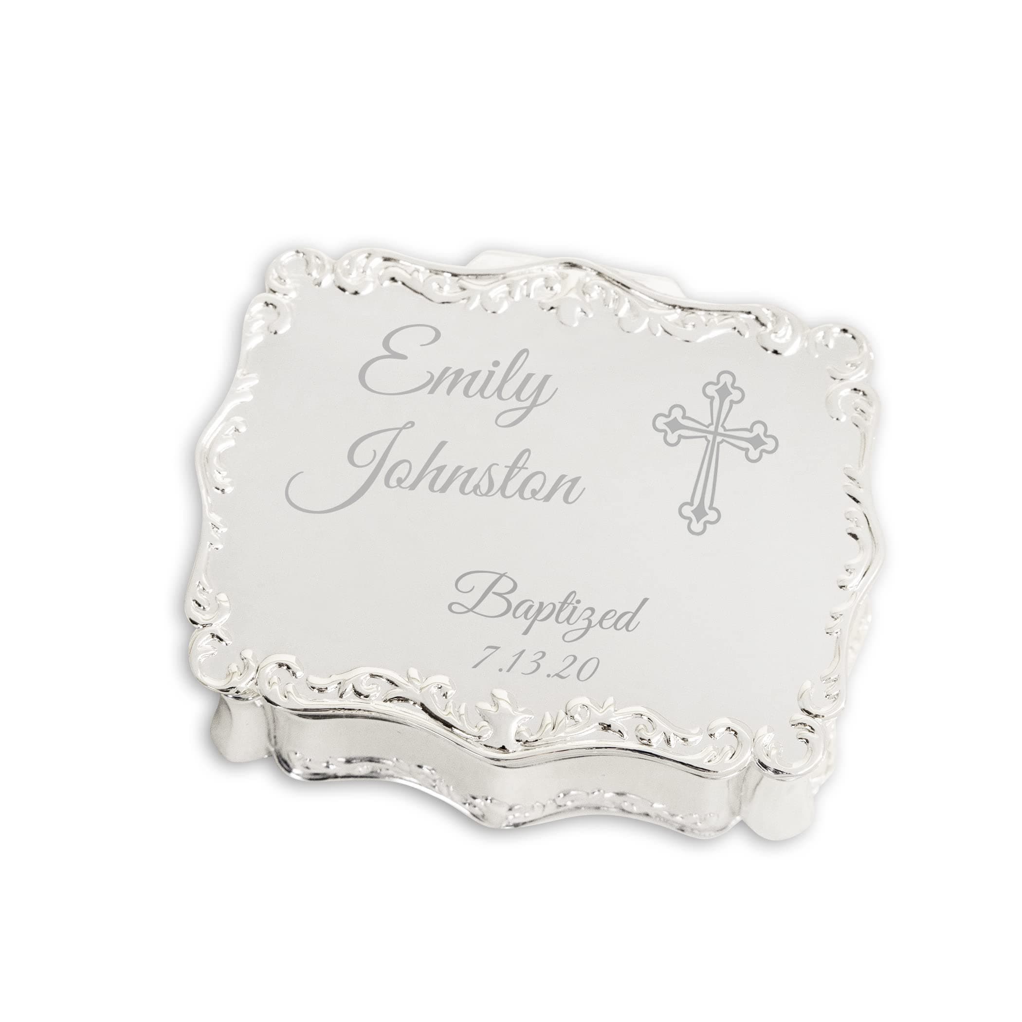 Personalized Small Rectangle-Shaped Jewelry Box with Custom Engraved Name and Cross for Baptism Gift, Silver Toned