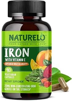 NATURELO Vegan Iron Supplement with Vitamin C and Organic Whole Foods - Gentle Pills for Women & Men w/Iron Deficiency Including Pregnancy, Anemia Diets 90 Mini Capsules