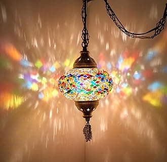 DEMMEX Authentic Turkish Mosaic Plug-in Swag Pendant Light Fixture, Large 6.5" Globe – Moroccan Hanging Ceiling Lamp - 15ft Cord & Chain, US/CA Plug, Exotic Mediterranean Decor, Handmade