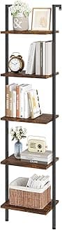 Ladder Shelf, 5-Tier Wood Wall Mounted Bookshelf with Metal Frame, Vintage Open Display Organizer Rack, Leaning Storage Shelves for Living Room, Bedroom, Home Office, Rustic Brown