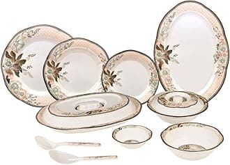 36 Piece Melamine Dinnerware Contemporary Flower Print Design Set, Shatterproof, Lightweight, Artisanal Double Bead Plates & Bowls, Solid Reactive Glazes Dinner (Brown & Orange)