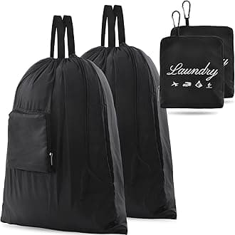 2 Pcs Travel Laundry Bag, JHX Dirty Clothes Bag 【Upgraded】 with Handles and Aluminum Carabiner, Collapsible Laundry Bag for Travel, Camp, Fitness, and Students（Black） 24"L x 21"W