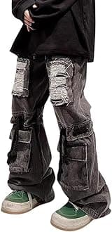 Mens Cargo Pants Ripped Baggy Jeans Y2K Elastic Waist Straight Leg Pants 90S Vintage Streetwear Grunge Clothes.